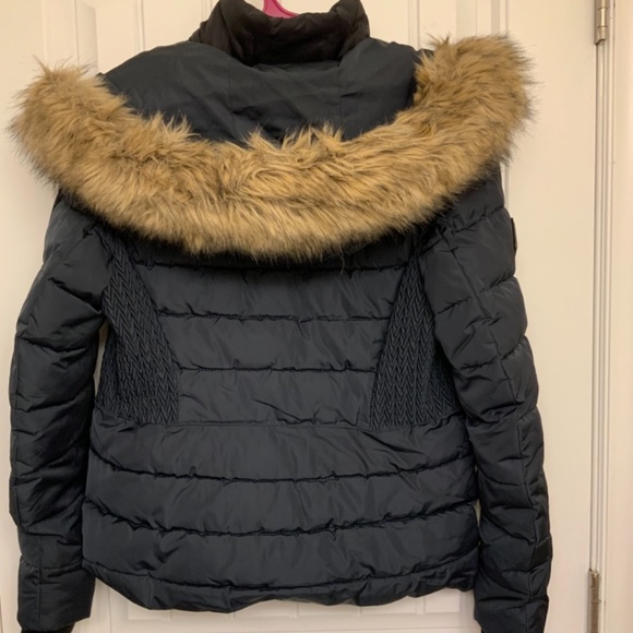 [SUPERDRY] black waterproof down jacket faux fur women size 8 (M) feather parka - Picture 4 of 11